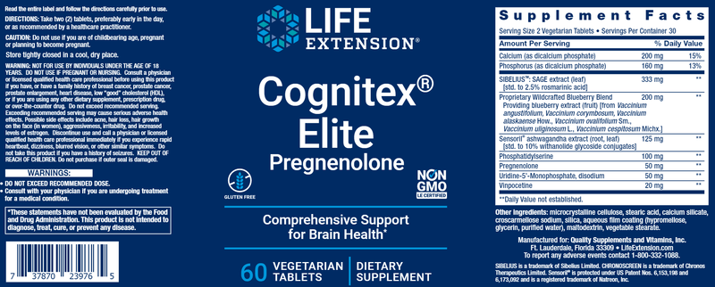 Cognitex® Elite Pregnenolone (Life Extension) Label