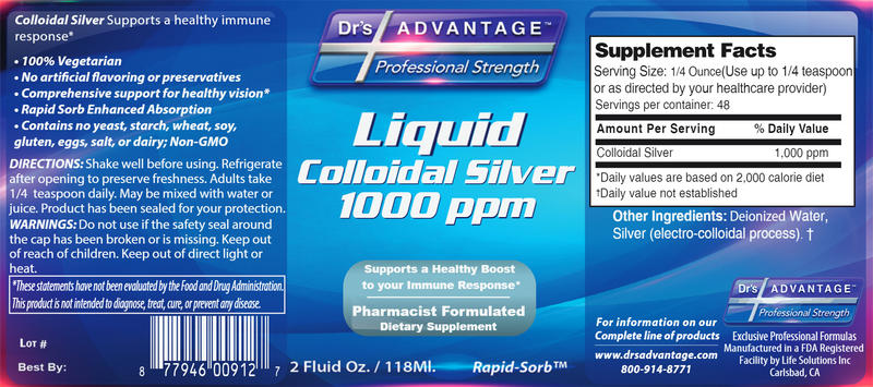 Colloidal Silver 1000 ppm (Drs Advantage) Label