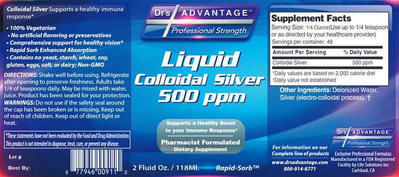 Colloidal Silver 500 ppm (Drs Advantage) Label