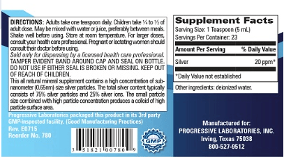 Colloidal Silver (Progressive Labs) Supplement Facts
