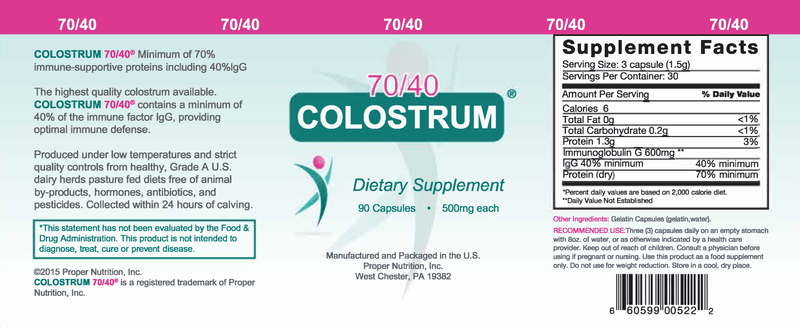 Colostrum 70/40 (Proper Nutrition) Label