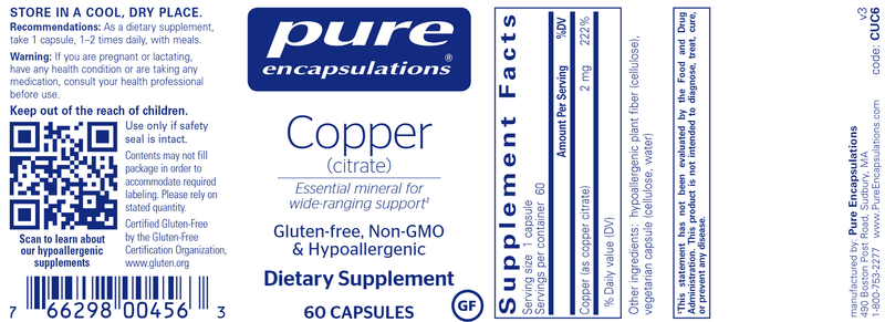 Copper (Citrate) (Pure Encapsulations) Label