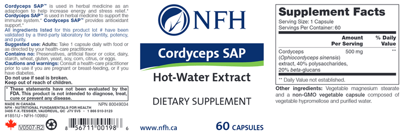 Cordyceps SAP (NFH Nutritional Fundamentals) Label