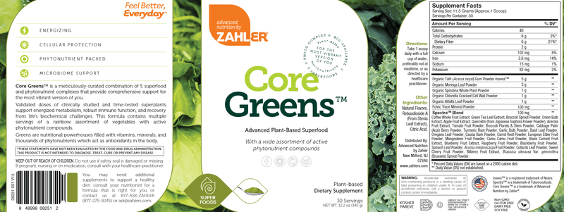 CoreGreens Powder (Advanced Nutrition by Zahler) Label