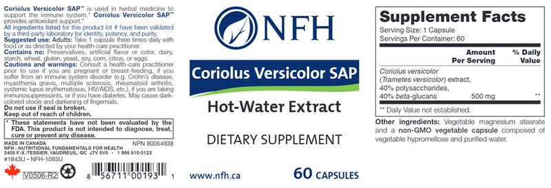 Coriolus Versicolor SAP (NFH Nutritional Fundamentals) Label