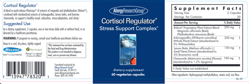 Cortisol Regulator (Allergy Research Group) Label