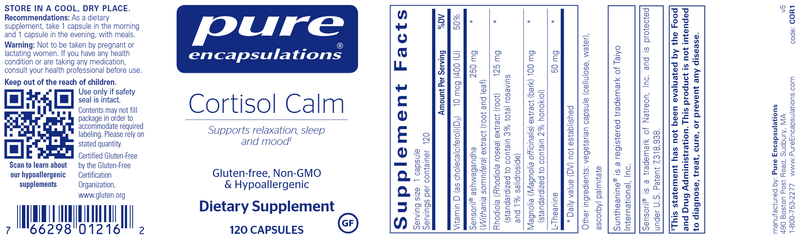 Cortisol Calm 120 Caps Pure Encapsulations Label