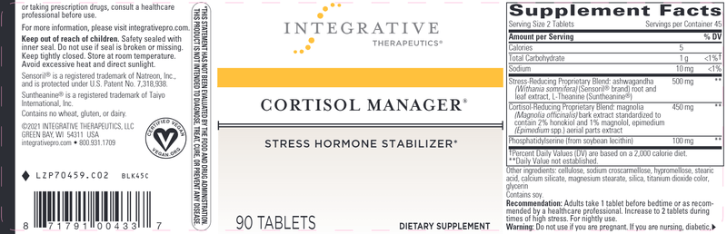 Cortisol Manager (Integrative Therapeutics) 90ct Label