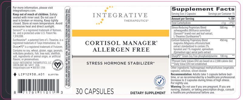 Cortisol Manager Allergen Free (Integrative Therapeutics) 30ct Label