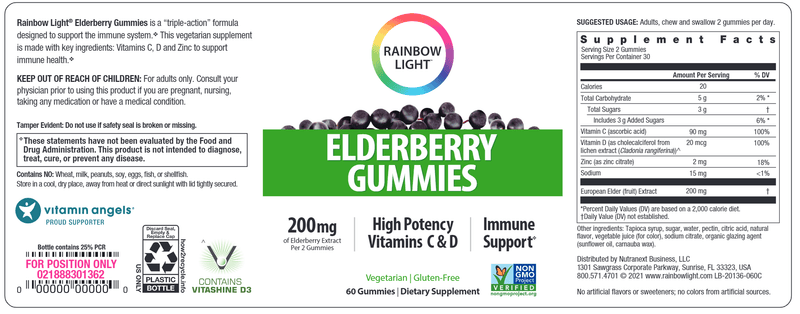 Counter Attack Elderberry Gummies (Rainbow Light Nutrition) Label