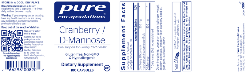 Cranberry D-Mannose 180 Caps (Pure Encapsulations) Label