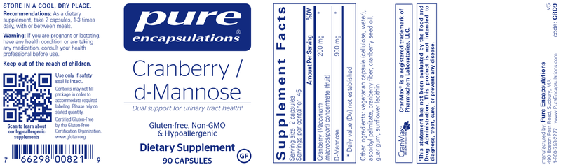 Cranberry D-Mannose 90 Caps (Pure Encapsulations) Label