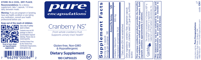 Cranberry NS 180 Caps Pure Encapsulations Label