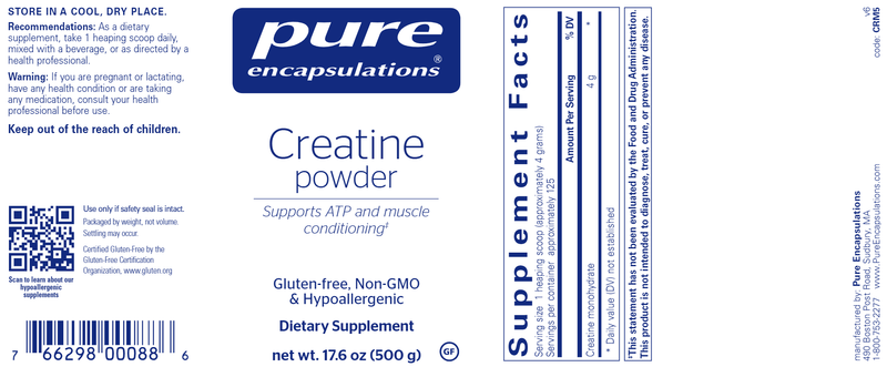 Creatine Powder 500g (Pure Encapsulations) Label