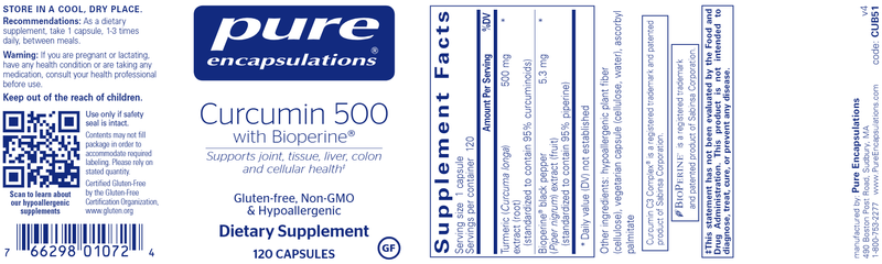 Curcumin 500 with Bioperine 120 Caps (Pure Encapsulations) Label