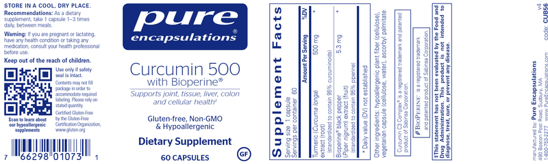 Curcumin 500 with Bioperine 60 Caps (Pure Encapsulations) Label