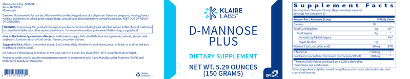 D-Mannose Plus Powder (Klaire Labs) Label