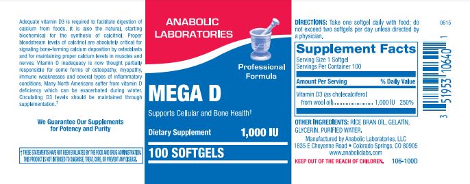D 1000 IU Vitamin D3 (Anabolic Laboratories) Label