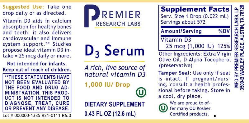 D3 Serum (Premier Research Labs) Label