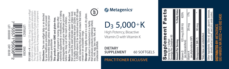 D3 5,000 + K (Metagenics) Label