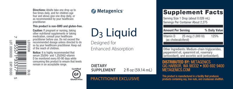 D3 Liquid 1000 IU (Metagenics) Label