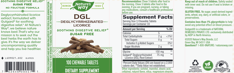 DGL Deglycyrrhizinated Licorice Sugar Free (Nature's Way) Label