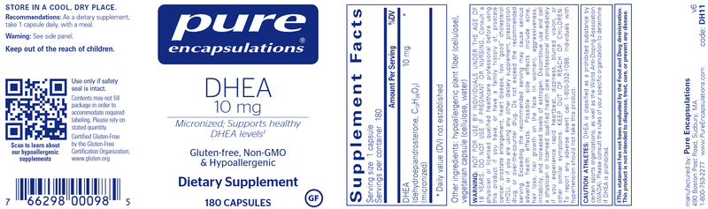 DHEA 10 Mg. 180 Caps (Pure Encapsulations) Label