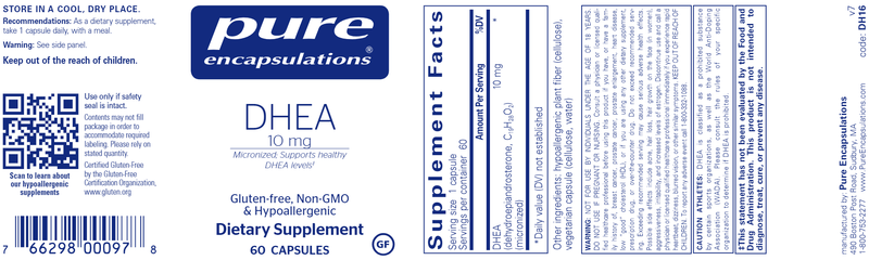 DHEA 10 Mg. 60 Caps (Pure Encapsulations) Label