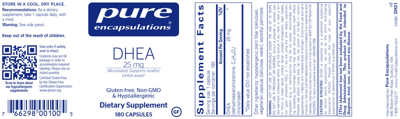 DHEA 25 Mg. 180 caps (Pure Encapsulations) Label