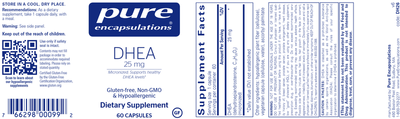 DHEA 25 Mg. 60 caps (Pure Encapsulations) Label
