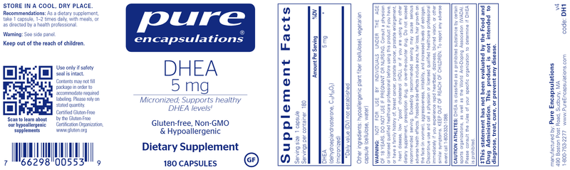 DHEA 5 Mg. 180 Caps (Pure Encapsulations) Label