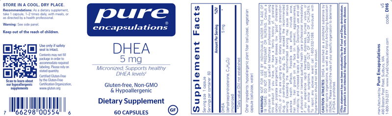 DHEA 5 Mg. 60 Caps (Pure Encapsulations) Label