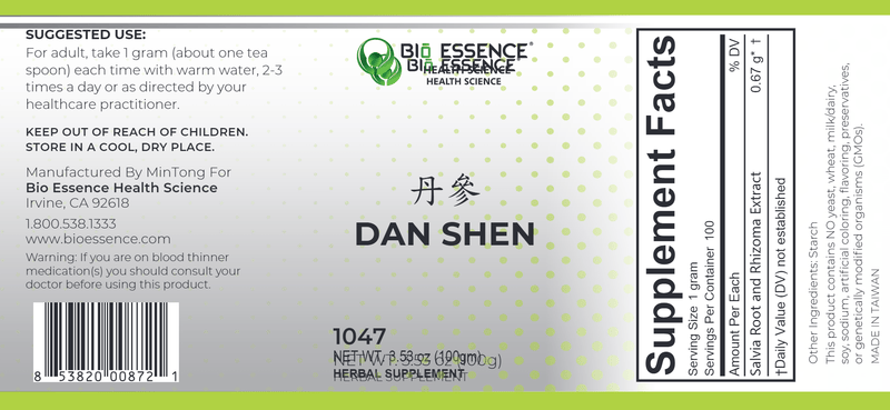 Dan Shen (Chinese Salvia) (Bio Essence Health Science) Label