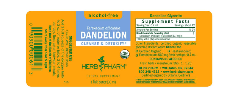 Dandelion Taraxacum Officinale Alcohol-Free (Herb Pharm) Label