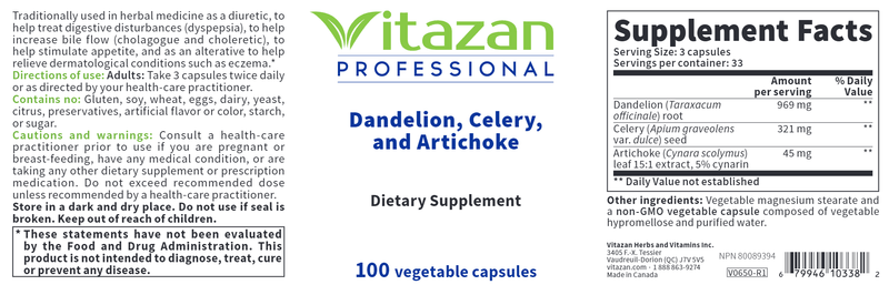 Dandelion, Celery and Artichoke (Vitazan Pro) Label