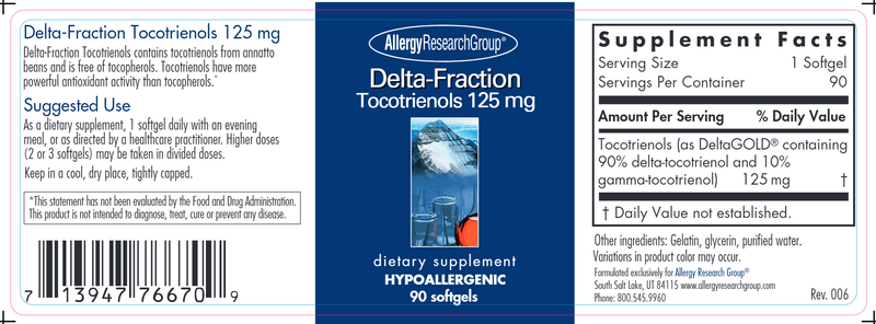 Delta-Fraction Tocotrienols 125 mg (Allergy Research Group) label