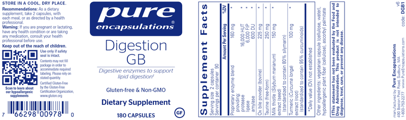 Digestion GB 180 Caps (Pure Encapsulations) Label