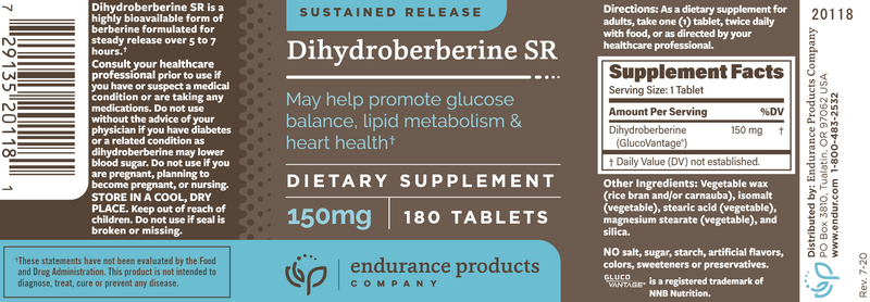 Dihydroberberine SR (Endurance Product Company) 180ct Label