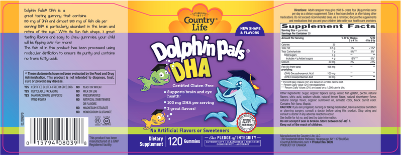 Dolphin Pals DHA for Kids (Country Life) Label