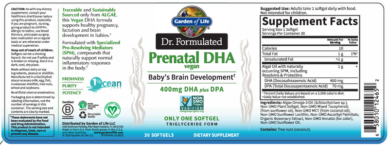 Dr. Formulated Prenatal DHA Vegan (Garden of Life) Label