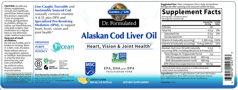 Dr. Formulated Cod Liver Oil (Garden of Life) 80 Servings Label
