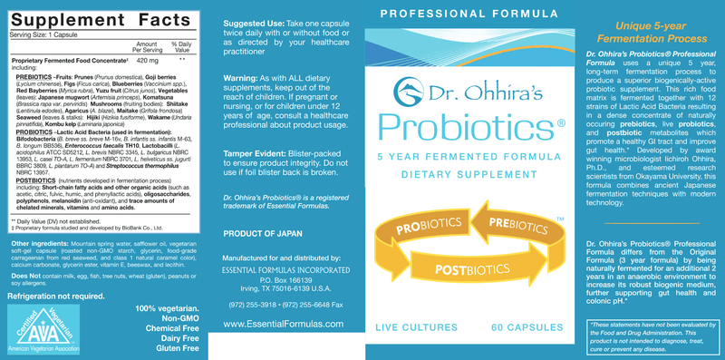 Dr Ohhira's Probiotic Plus/Prof (Essential Formulas) 60ct Label