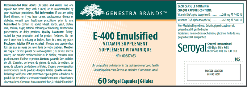 E-400 | E400 Emulsified 60 Caps Label Genestra