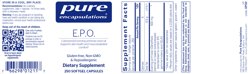 E.P.O. (evening primrose oil) 250 Caps (Pure Encapsulations) Label