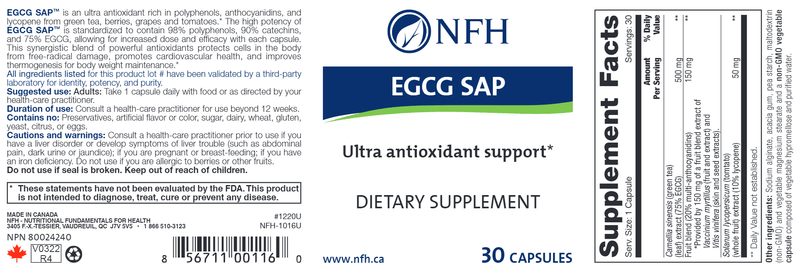 EGCG SAP (NFH Nutritional Fundamentals) Label