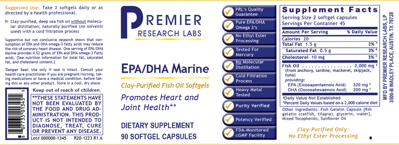 EPA/DHA Marine Softgels (Premier Research Labs) Label