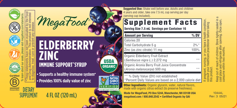 Elderberry Zinc Immune Syrup (MegaFood) 4 oz Label