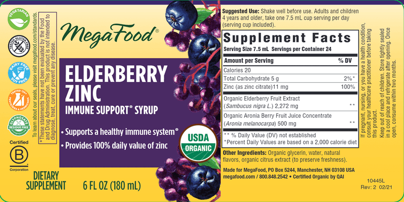 Elderberry Zinc Immune Syrup (MegaFood) 6 oz Label
