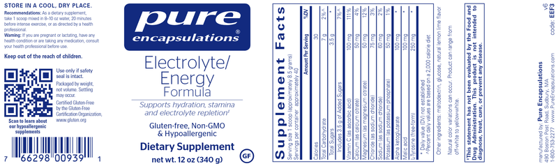 Electrolyte/Energy formula 340 g (Pure Encapsulations) Label