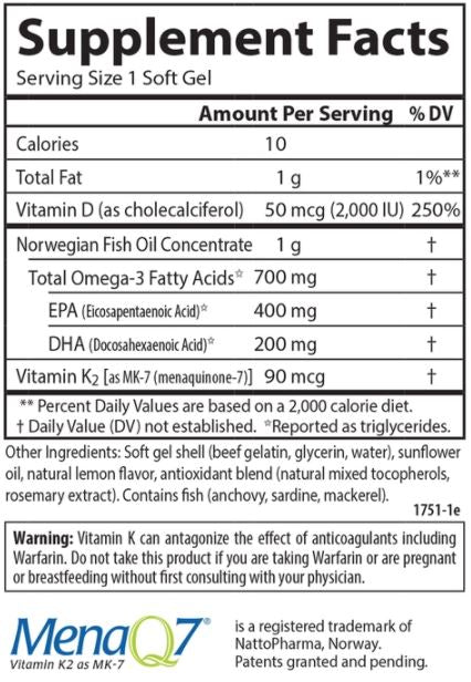 Elite Omega 3 + D3 & K 60+30 Softgels Supplement Facts Label